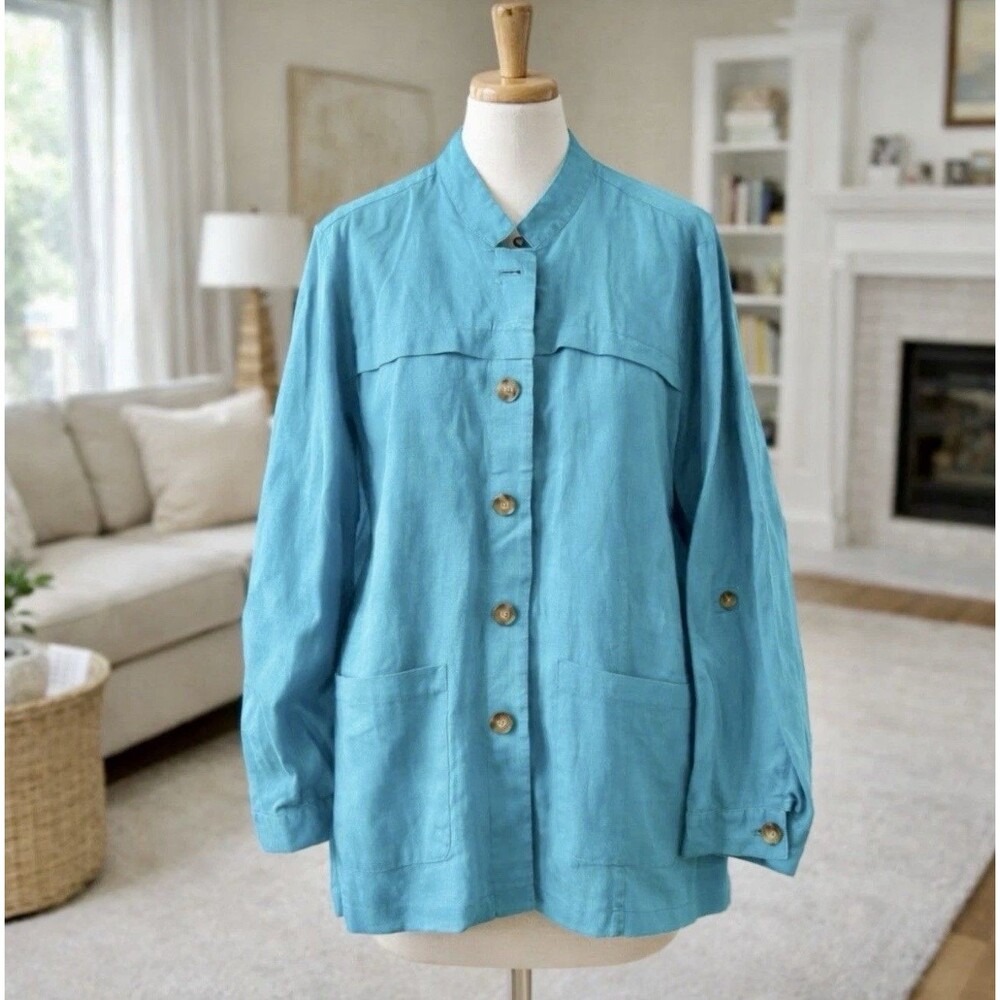 Coldwater Creek 100% Linen Blue Roll Sleeve Pockets Jacket Top Women’s Plus 18